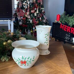 Lenox Holiday cache pot and pierced vase.